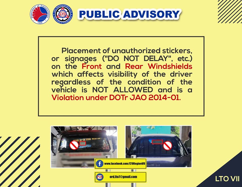Is putting a 'DO NOT DELAY' sign on a car's windshield against LTO