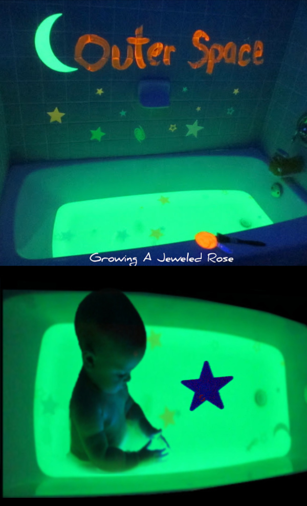 Send kids to outer space, and make their bath water GLOW! #glowinthedark #glowingbathwater #outerspacecraftsforkids #howtomakewaterglow #growingajeweledrose