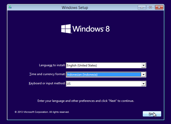 pemilihan bahasa saat install ulang windows 8