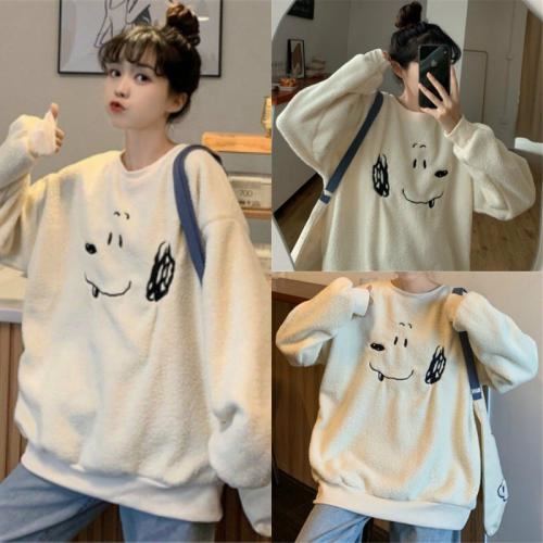 Áo Nỉ Lông Nữ In Hình Dáng Rộng Dài Tay dưới 75kg – Sweater Lông Hình Cún