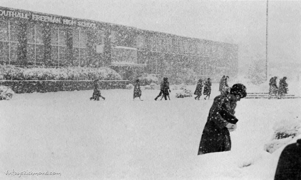 Vintage Richmond Freeman High School in the snow 1962