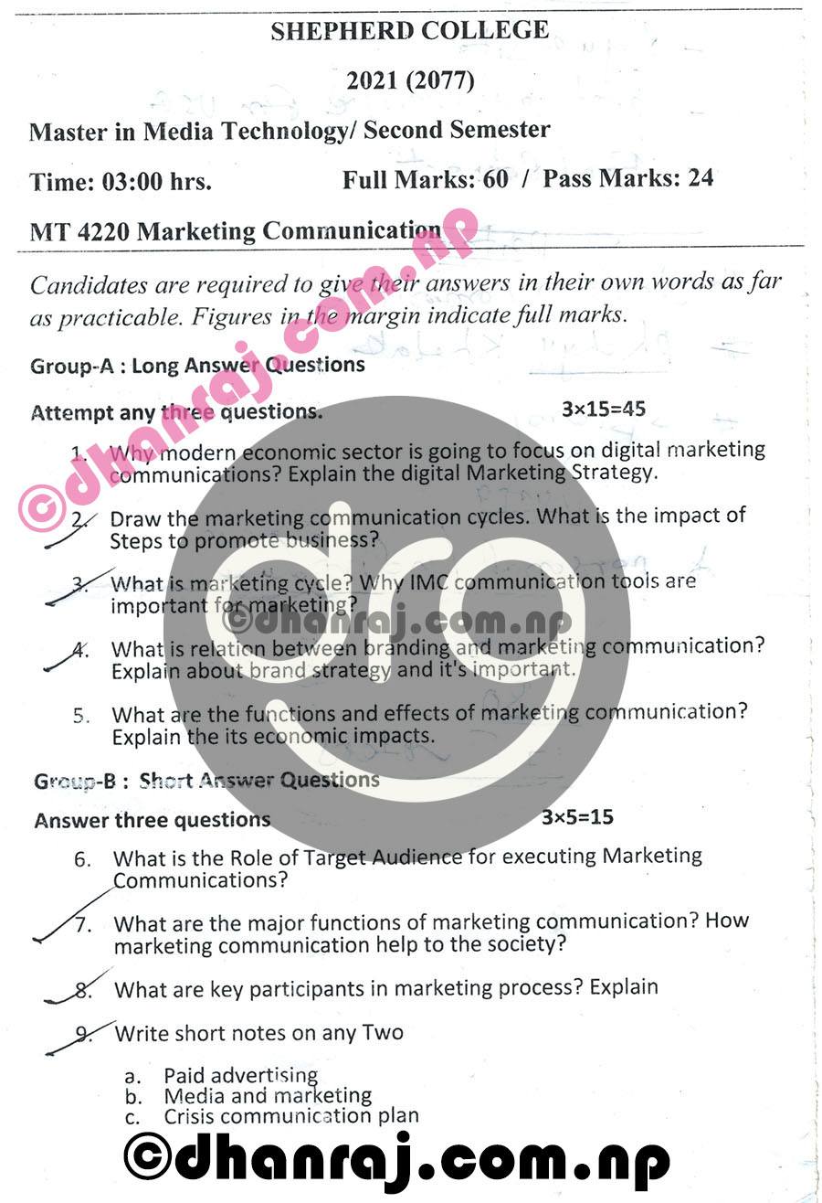 Marketing Communication (MT 4220) Question Paper Internal