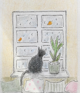 schwarze Katze beobachtet fallende Herbstblätter,Buntstift Illustration