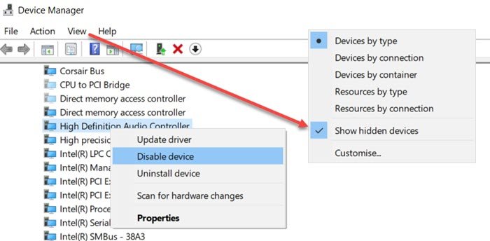 Activar Desactivar controlador de audio de alta definición