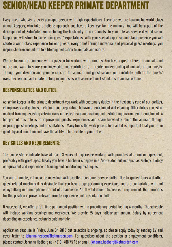 Zoo Jobs Senior/Head Keeper Primate Department