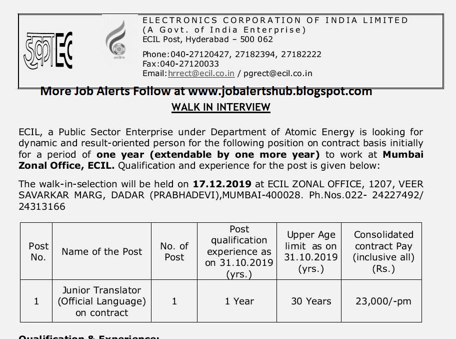 ECIL WalkIn Interviews for Engineering / IT / Diploma / ITI