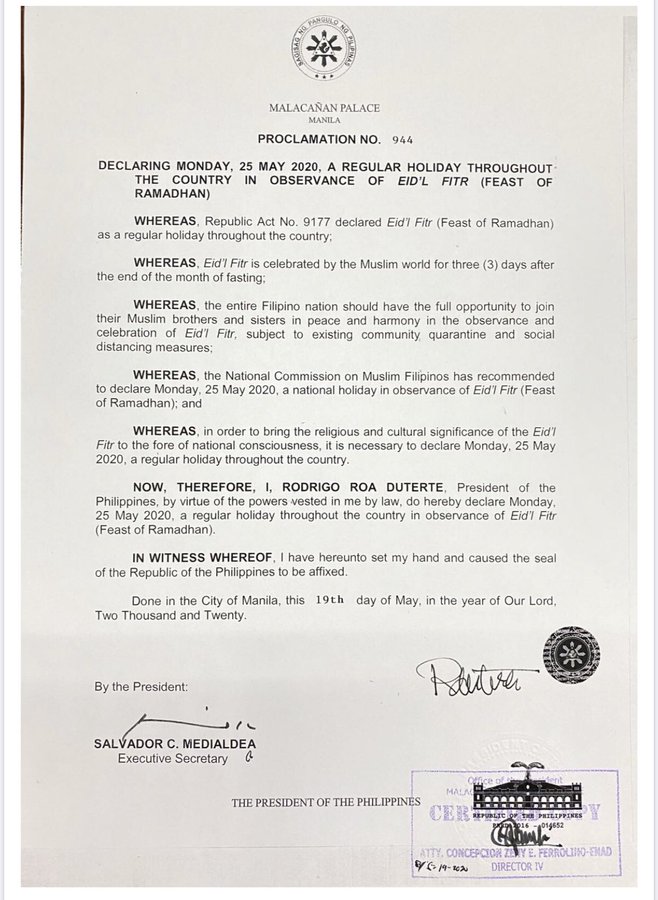 Proclamation No. 944 declaring May 25 a regular holiday nationwide