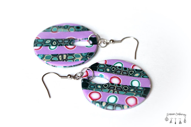 boucles oreilles pate polymère canne Bettina canne cible turquoise violet stenna création