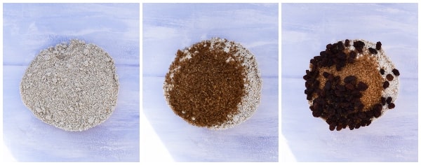 Making Almond & Raisin Cookies - Step 2 - Dry Ingredients added to bowl - flour, sugar, salt and raisins