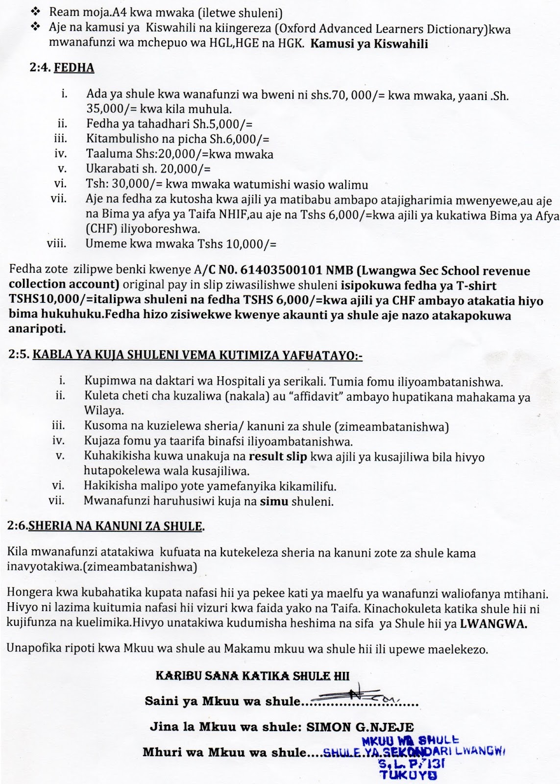 Lwangwa Secondary School LWANGWA SECONDARY SCHOOL JOINING INSTRUCTION