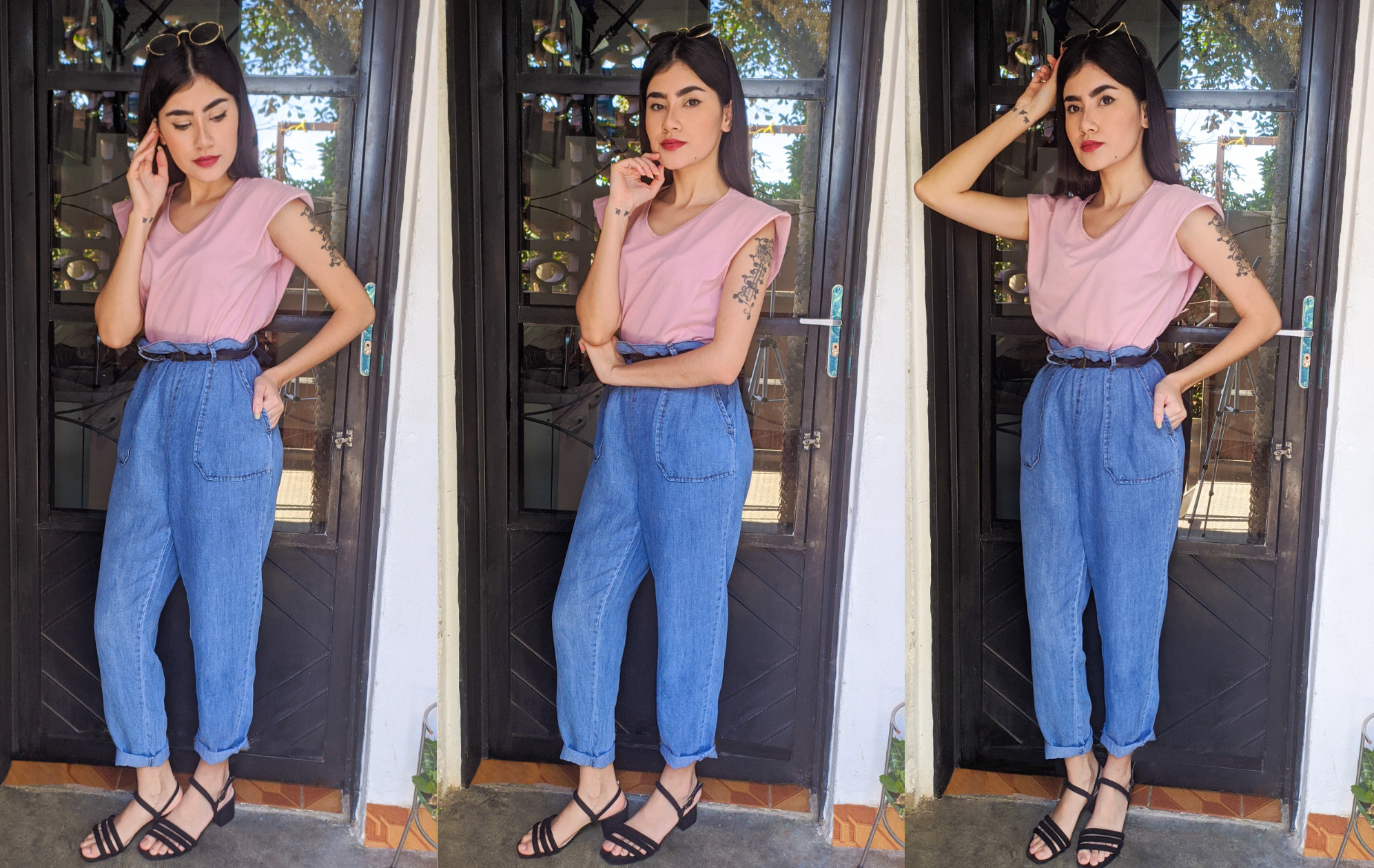 muscle tee com calça jeans Mom jeans e muscle tee