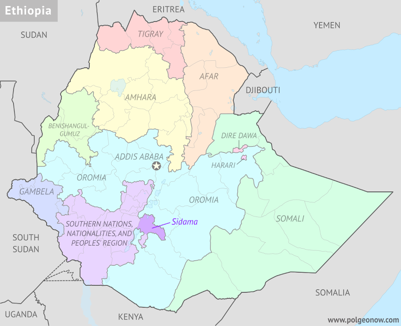 Political map of Ethiopia's regional states, highlighting Sidama Zone, which in November 2019 voted to split off from the Southern Nations, Nationalities, and People's Region (SNNPR) to become a new regional state.