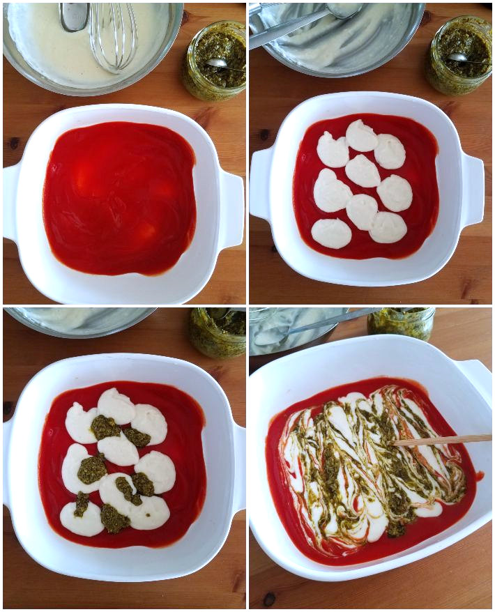 Cómo hacer los rollitos de berenjena, segunda parte, colocando las salsas en el refractario