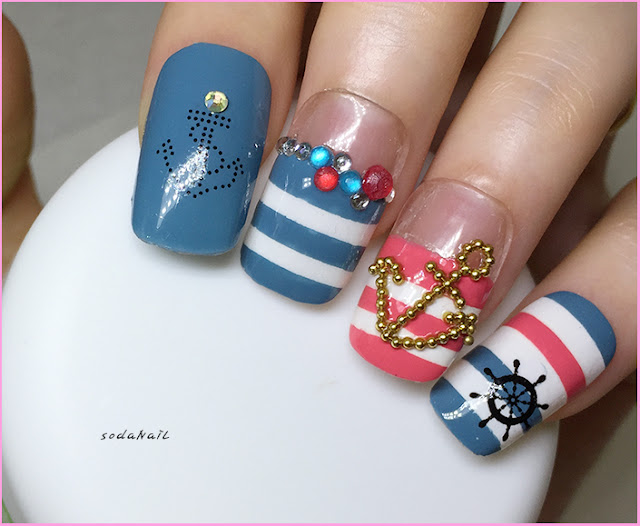 Marine Nail Art summer stripe self nails 마린네일아트