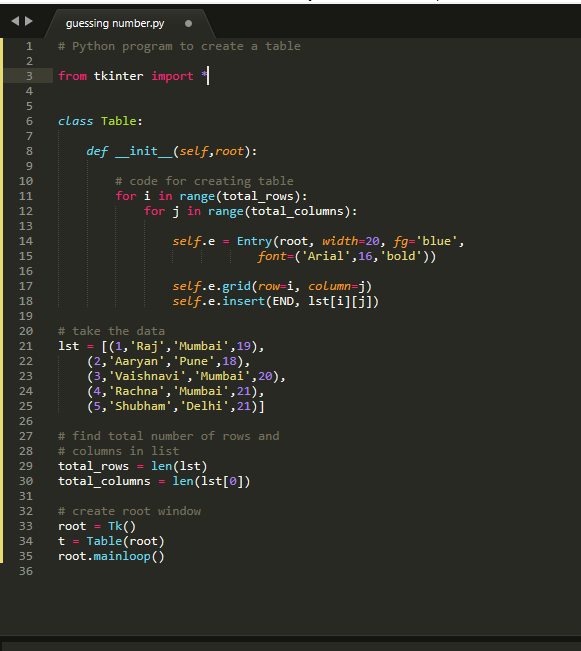 Create Table Using Tkinter