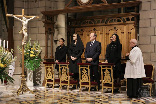Princess Charlene, Princess Caroline, Prince Albert II and Princess Stephanie attends a mass to honor the 10 year anniversary of the death of Prince Rainier III at the Monaco Cathedral