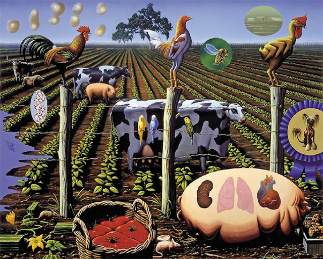 На картине «Ферма», созданной в 2000 г., американский художник Алексис Рокман отразил свои представления о будущем сельского хозяйства, основанном на продуктах генной инженерии.Courtesy Alexis Rockman.  Oil and Acrylic on Wood Collection JGS Inc, New York