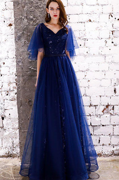Sexy Blue V-Cut Sequins Tulle Party Prom Gown 