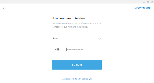 Telegram Desktop App Aggiungi Account Numero di telefono