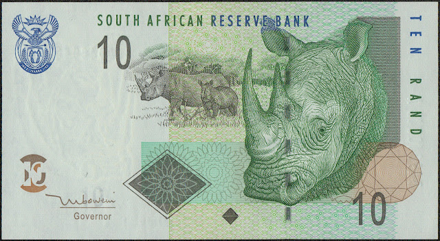 South African Currency 10 Rand banknote 2005 White Rhino Famous Big Five animals of Africa