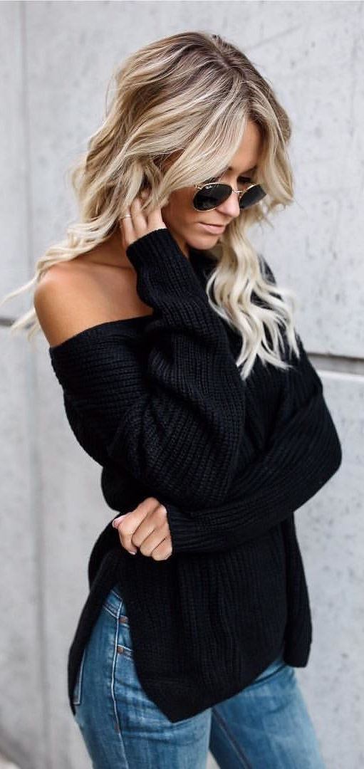 black and denim | one shoulder sweater + jeans