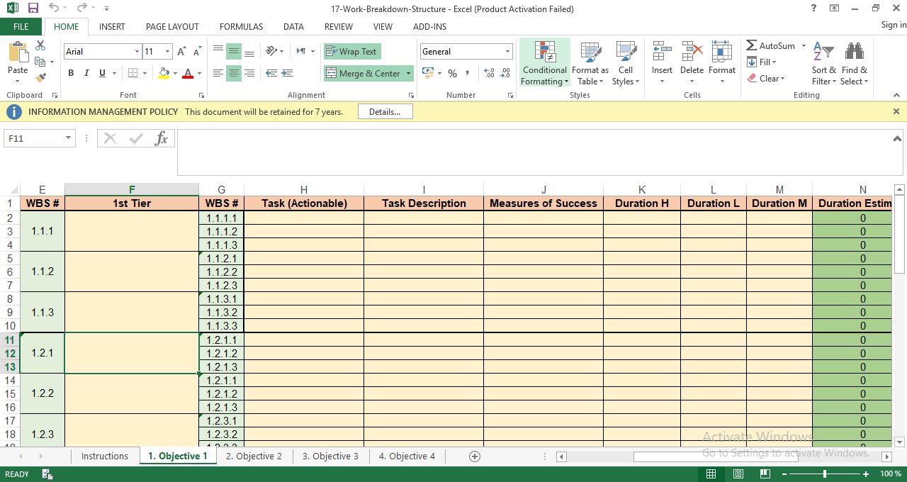 Excel Sheet Work Breakdown Structure Template Excel