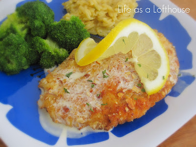 Chicken breasts with an almond and bread crumb crust and a delicious creamy lemon sauce. Life-in-the-Lofthouse.com