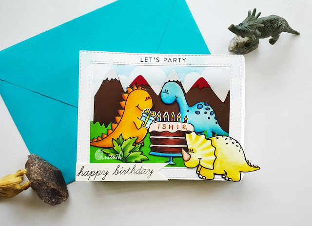 Pop up shadow box card, Pop up Dinosaur card, Dinosaur card, card for Dino lovers,Jane's Doodles, interactive card, Card for boys, masculine birthday card, masculine card, Quillish, Jane's doodles dinosaur stamp, Dino time, 