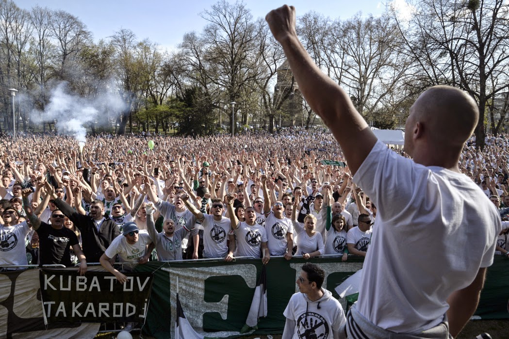 BUDAPEST, HUNGARY - MAY 7: Ultra fans of Ferencvarosi TC show support  during the Hungarian OTP Bank