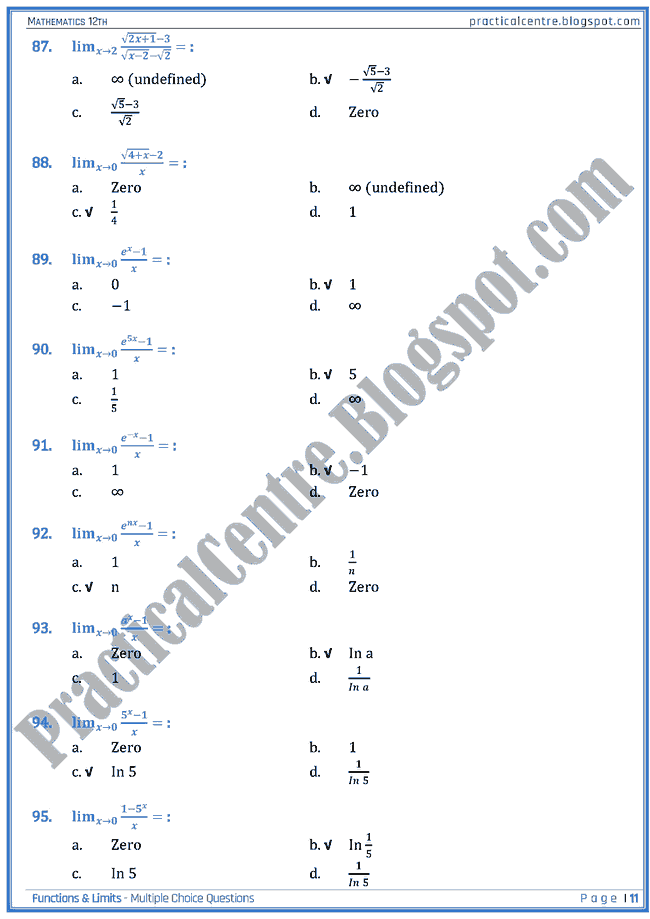 Functions & Limits MCQs Mathematics XII Practical Centre
