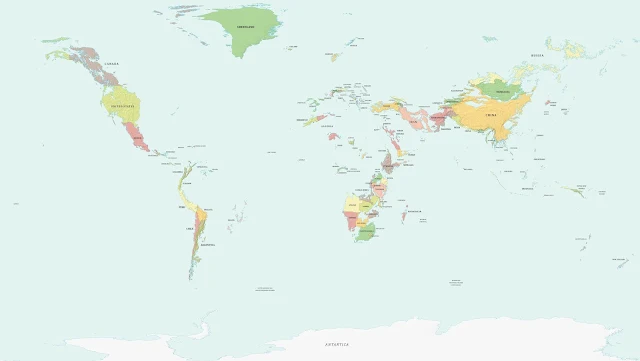 Political map of the planet with one-kilometre sea-level rise