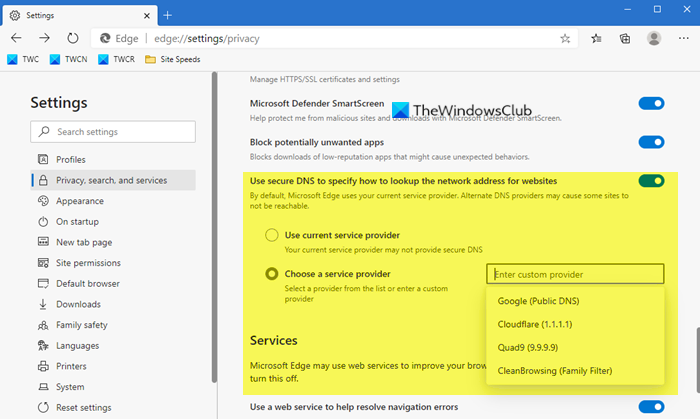 วิธีการตั้งค่าและผู้ให้บริการ DNS ที่ปลอดภัยสำรองใน Edge