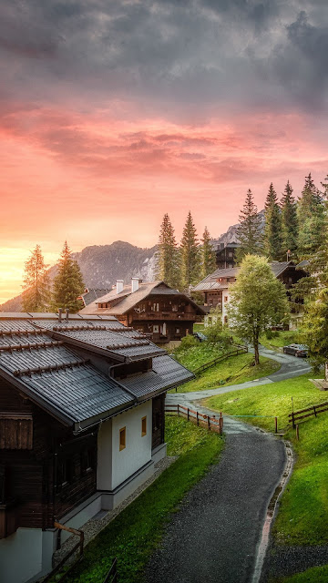Travel, Village, Road, Houses, Mountains, Sunset