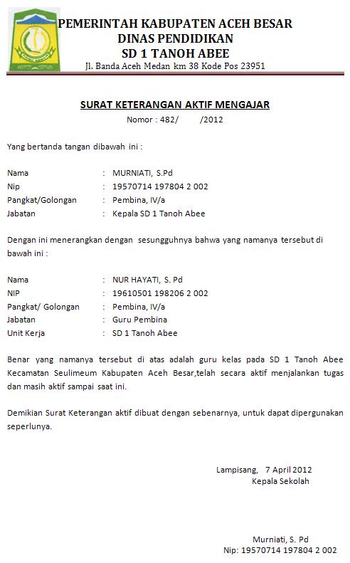 Contoh Surat Keterangan Tidak Aktif Mengajar Lagi