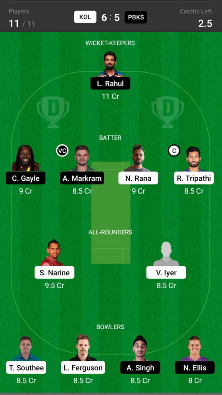 PBKS vs KKR deram11 team , Team 1 KKR vs PBKS dream11 team
