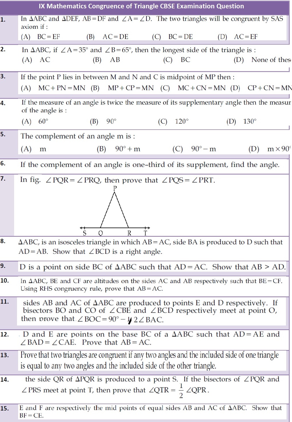 CBSE MATH STUDY IX Mathematics Congruence Of Triangle CBSE Examination Question 2012 13