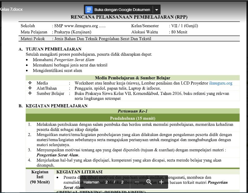 RPP Prakarya (Kerajinan) Kelas 7 Semester 1 Tahun 2021/2022 | Soal