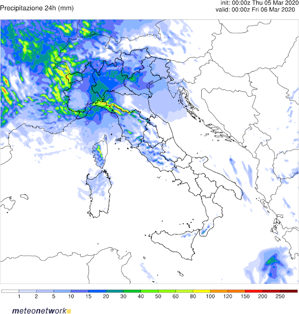 Accumuli pluviometrici in mm prossime 24 ore WRF Italia