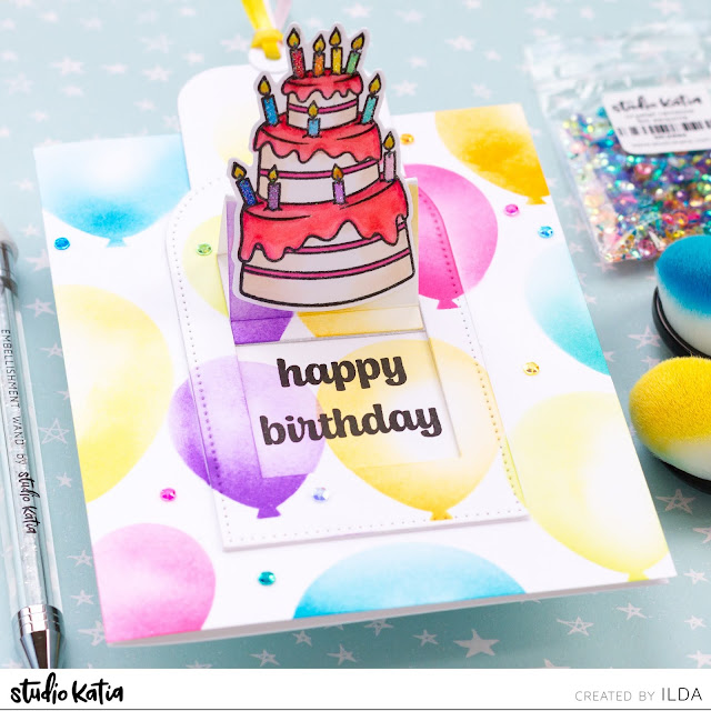 birthday, interactive card, Slider, Studio Katia, Surprise, Birthday Cake, Balloons, distress oxide inks, Ink Blending, Card Making, Stamping, Die Cutting, handmade card, ilovedoingallthingscrafty, Stamps, how to, 