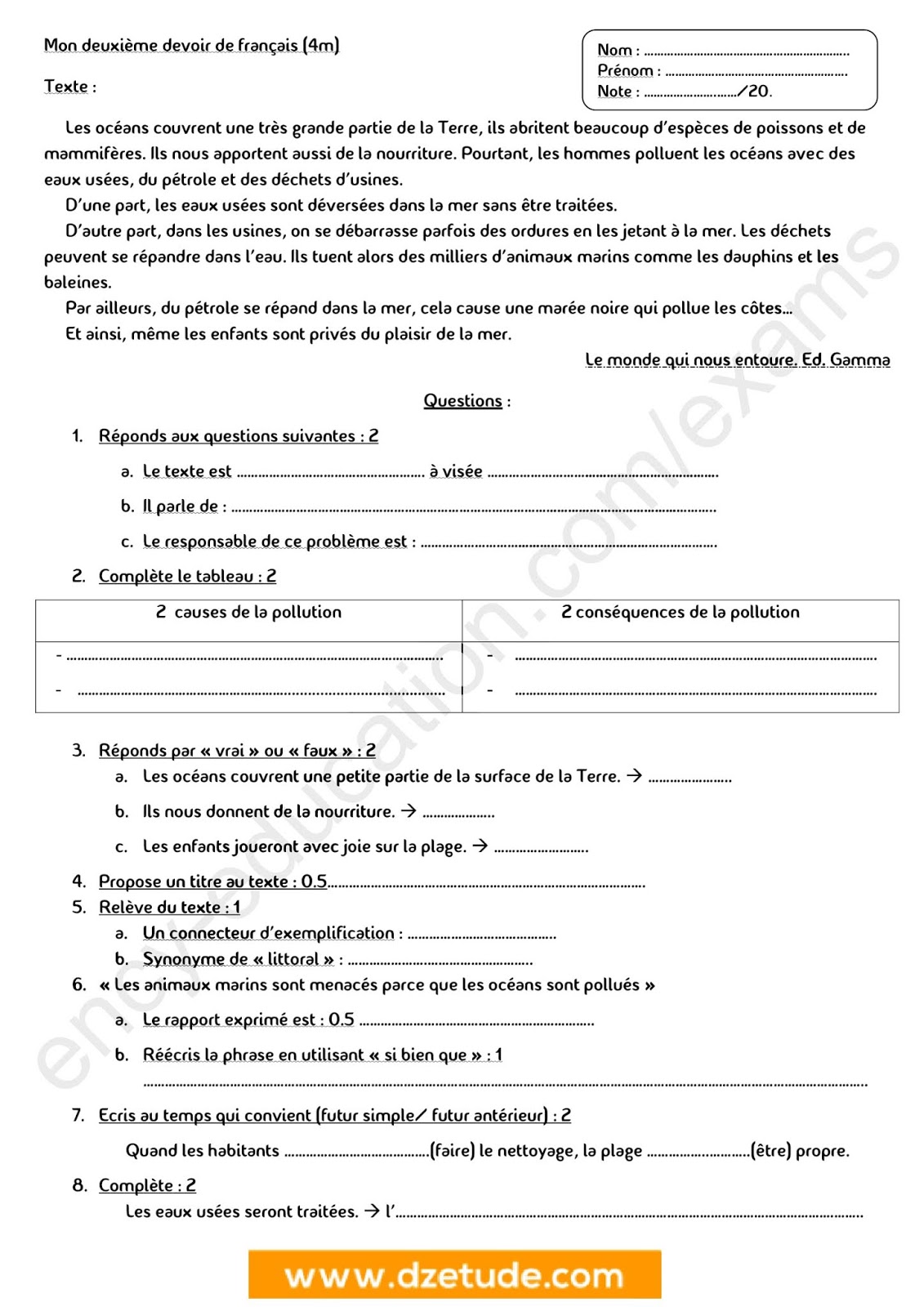 فرض الفصل الأول في اللغة الفرنسية للسنة الرابعة متوسط - الجيل الثاني نموذج 2
