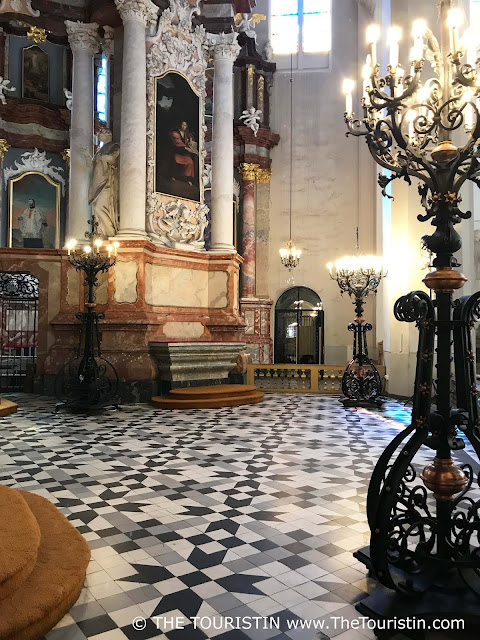 Interior and beautiful tiled floor of the Church of Saint John in Vilnius in Lithuania