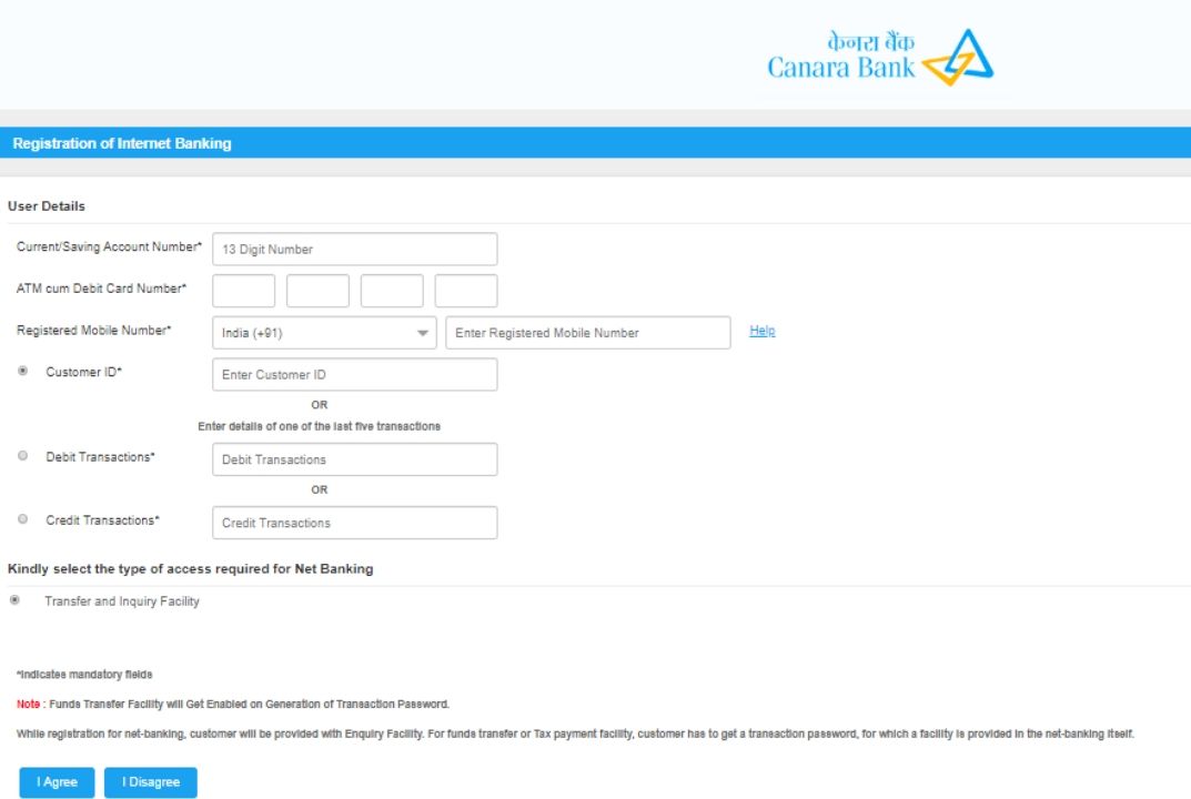 Canara Bank Net Banking Registration