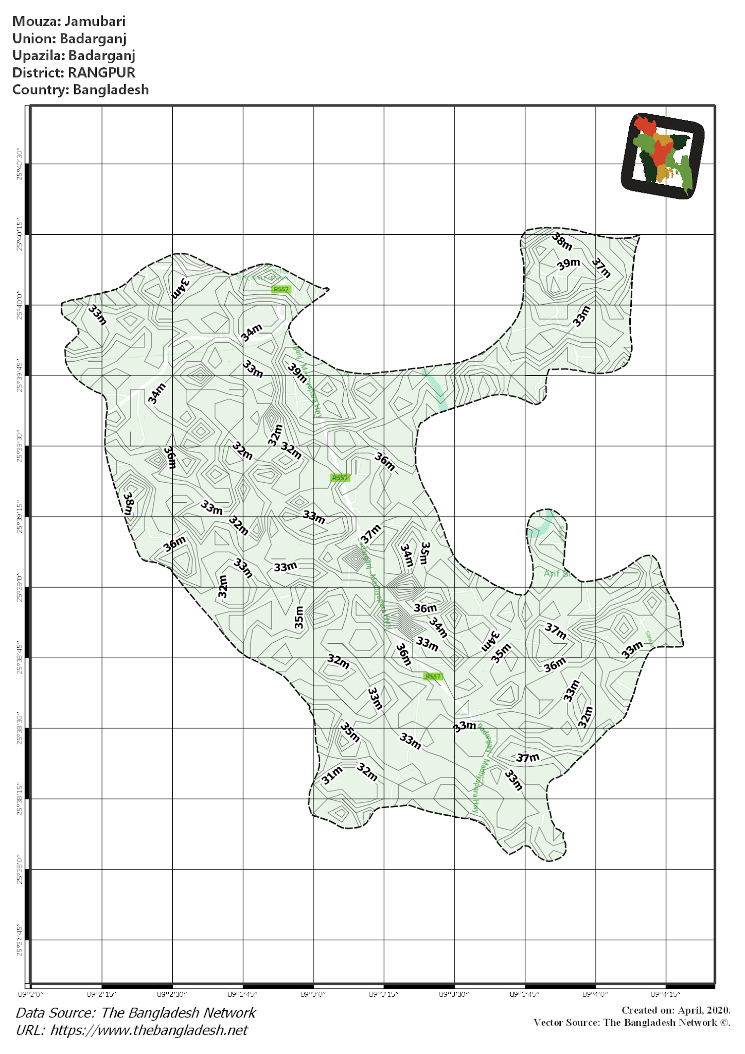 Map of Jamubari Mouza of Badarganj Upazila, RANGPUR, Bangladesh.