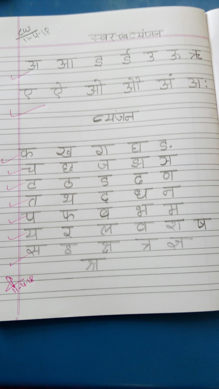 Std II B Hindi notebook work (swar vyanjan)