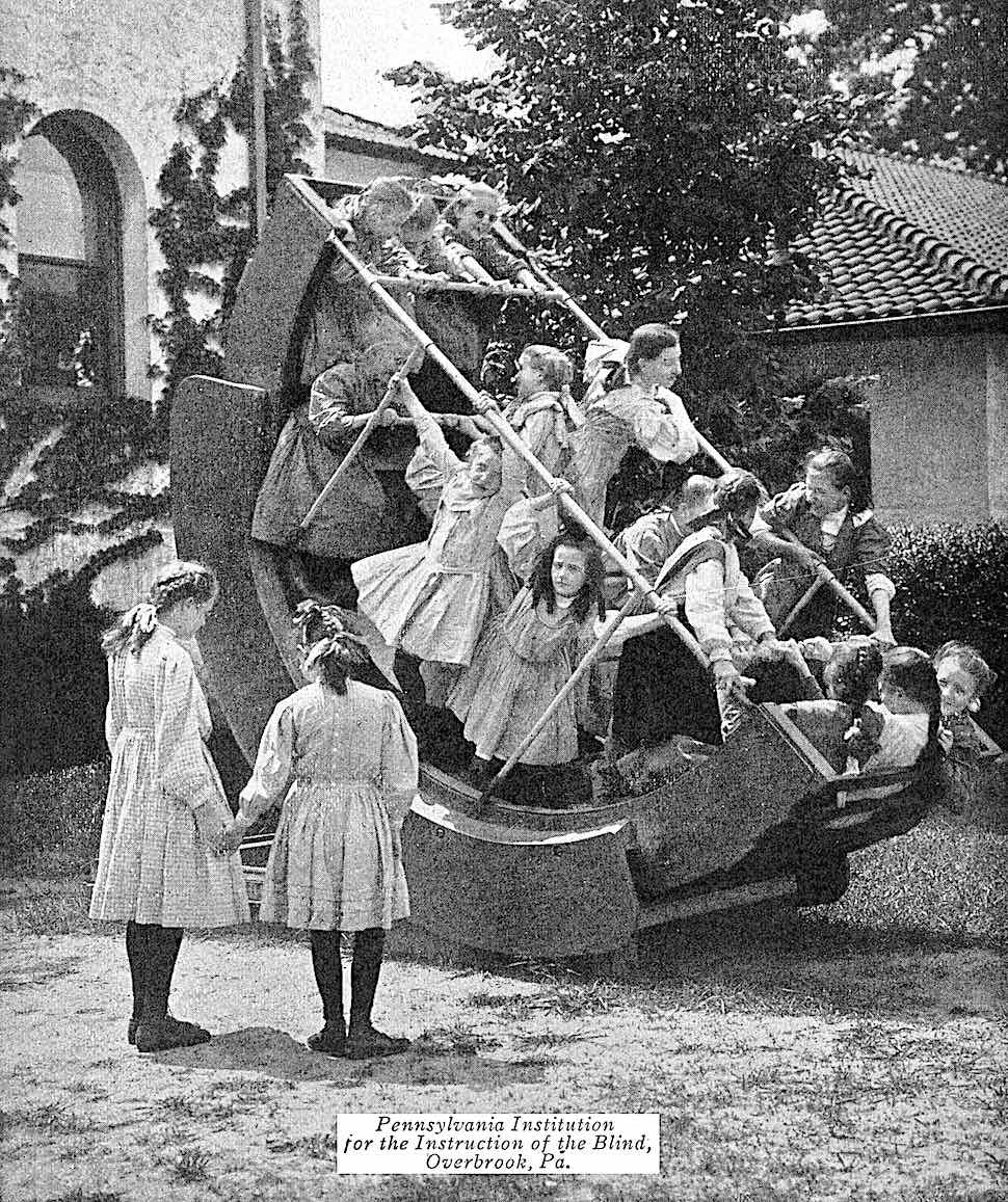 1912 blind playground the 1912 Pennsylvania Institution for the Instruction of the Blind playground equipment, a photograph