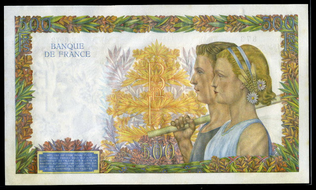 Currency of France 500 French Francs banknote 1942 La Paix|World