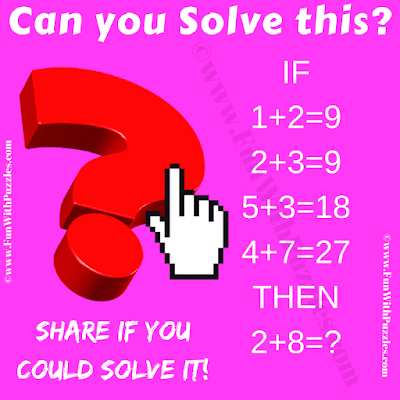 Can you solve this? If 1+2 = 9, 2+3 = 9, 5+3 = 18, 4+7 = 27 Then 2+8=?