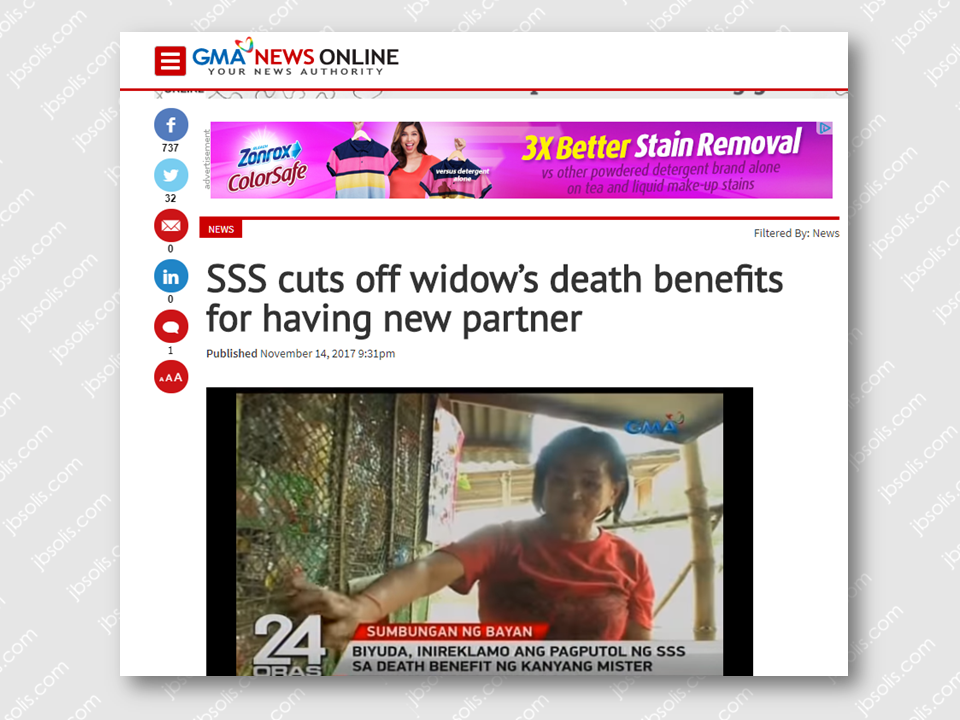 For the widow of SSS members who are entitled for death benefit, you might be disqualified to enjoy it if you are going to remarry or proven to have a new relationship.   A woman in Negros Occidental was surprised to find out she was no longer eligible to receive her late husband's death benefits from the Social Security System (SSS) after she started seeing someone else, GMA News' Mike Enriquez reported on Tuesday for "24 Oras."  Teresita Cahulao, a mother of seven, was widowed in 1990 when her husband Eduardo died of a stroke. She had been receiving P4,000 in monthly death benefits from the SSS since 1992, which helped with their family's finances.  Cahulao stopped receiving her husband's pension in 2006.  When she applied for her SSS pensioners' ID, she was told she could no longer receive the assistance since she was in a relationship with another partner.   Cahulao also argued she and her partner were not married. Sponsored Links    For their part, the SSS cited Office Order No. 2010-013 which states that a "surviving spouse" who re-marries or who enters into a "live-in" relationship with another person is disqualified from receiving the monthly death benefit. The SSS denied Cahulao's allegation that she was made to sign a blank sheet of paper.  The SSS also noted they have conducted an investigation into Cahulao's status stemming from a complaint from the relatives of the deceased. Source: GMA News   Advertisement Read More:       ©2017 THOUGHTSKOTO