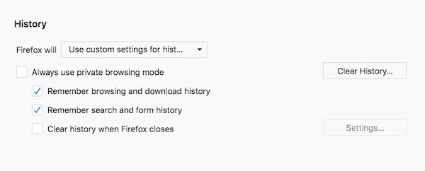 Configuración del historial de Firefox para navegación privada