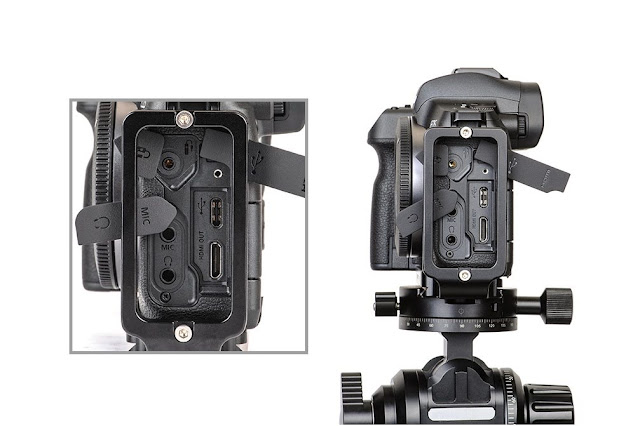 Sunwayfoto PCL-R L bracket on Canon EOS R side connectors access